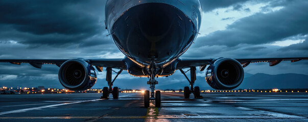 A commercial airplane stands ready on a reflective, rain-soaked runway, with the dramatic backdrop of a stormy sky illuminated by the airport lights. - obrazy, fototapety, plakaty