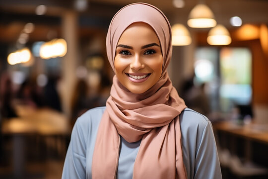 Beautiful muslim woman wearing beige hijab, orange blouse and beige pants smiling and looking back on brown background. Copy space.
