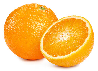 Fresh organic orange with leaves isolated on white background