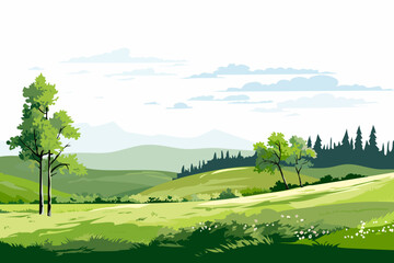 Beautiful landscape vector illustration of mountains, hills, forests, fields and meadows. Stunning panoramic summer farm landscape with amazing natural landscape.