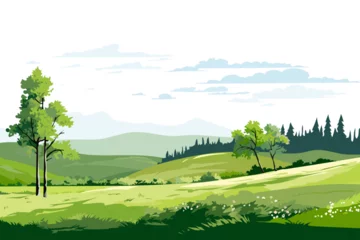 Poster Beautiful landscape vector illustration of mountains, hills, forests, fields and meadows. Stunning panoramic summer farm landscape with amazing natural landscape. © LoveSan
