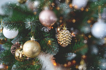 Close-up view of different colored multi shaped christmas decorations.