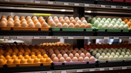 A shelf in the store with trays of eggs. Egg department in a supermarket, retail prices for eggs, food crisis. - obrazy, fototapety, plakaty