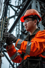 Helmeted male engineer works in the field with a telecommunication tower that controls cellular electrical installations to inspect and maintain 5G networks installed on high-rise buildings	
