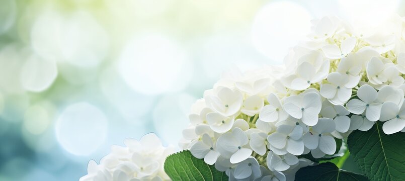 Beautiful white hydrangea with magical bokeh background and copy space on the left side