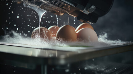 Conveyor in egg production plant, machine spraying water, washing, sorting eggs. Water sanitization of farm eggs.