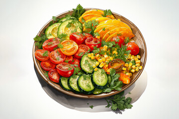 watercolor painting of vegetable salad with tomato, Lettuce, cucumber, olive oil, corn, avocado