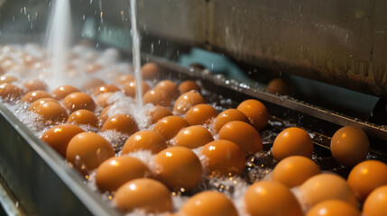 Conveyor in egg production plant, machine spraying water, washing, sorting brown eggs. Water sanitization of farm eggs.