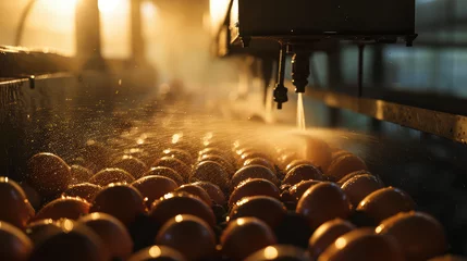 Fotobehang Conveyor in egg production plant, automatic machine spraying water, washing, sorting eggs. Water sanitization of farm eggs. © dinastya