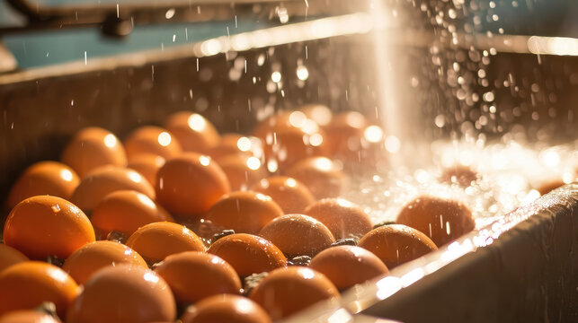 Conveyor in egg production plant, machine spraying water, washing, sorting brown eggs. Water sanitization of farm eggs.