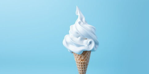 Creative banner ad template with delicious creamy white ice cream in cone isolated on blue background with copy space. Melting sweet milk ice cream, 3d style.
