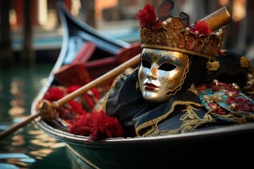 Gartenposter Beautiful Venetian mask with crown and costume on a gondola in a canal in Venice © Eomer2010