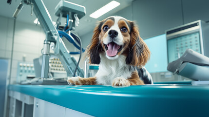 A cute longhair white dog is waiting to be treated on an examination table in an animal hospital. A close-up realistic picture of a pet in a healthcare center. - obrazy, fototapety, plakaty