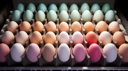 The process of sorting and packing multicolored eggs into cardboard containers on the conveyor belt of the poultry plant. Sorting of eggs of different categories.