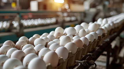 The process of sorting and packing white eggs into cardboard containers on the conveyor belt of the poultry plant. Sorting of eggs of different categories.