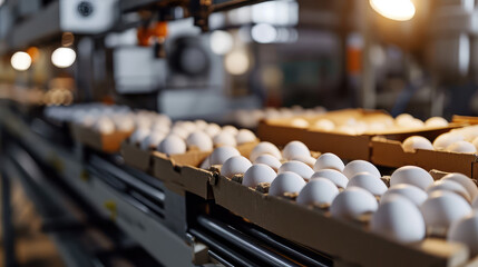 The process of sorting and packing eggs into cardboard containers on the conveyor belt of the poultry plant. Sorting of eggs of different categories. - obrazy, fototapety, plakaty