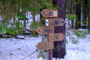 Hand-made wooden sign with directions RMK Estonian-Latvian border tourist trails