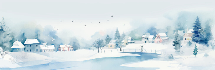winter watercolor landscape with houses and river. vector illustration