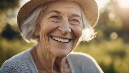 The portrait of a happy retired elderly woman smiling and laughing shot outdoors on a sunny day