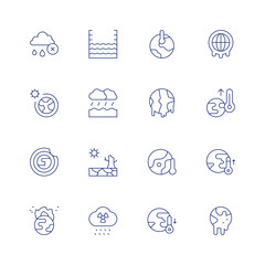 Climate change line icon set on transparent background with editable stroke. Containing no rain, sea level, ozone layer, flood, drought, global warming, acid rain, climate change, temperature.