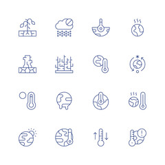 Climate change line icon set on transparent background with editable stroke. Containing water crisis, no rain, drought, dry, temperature, global warming, greenhouse effect, climate change, extreme.