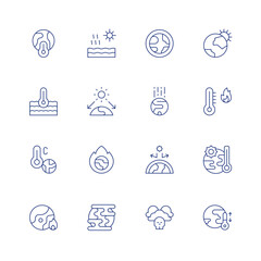 Climate change line icon set on transparent background with editable stroke. Containing high temperature, global warming, warming, greenhouse effect, air pollution, extreme weather, sun, climate.