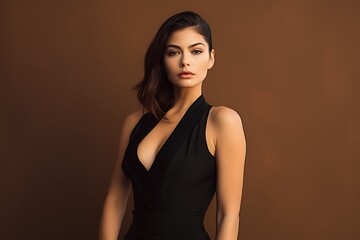 A beautiful and sophisticated young female model in a sleek black jumpsuit, radiating confidence and modernity, against a solid light brown background.