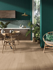 Living room interior with wooden marble texture floor, wooden furniture, marble kitchen countertop, green wall, wooden dining table and chair. 3D Rendering