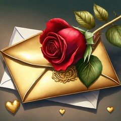 A beautiful red rose lying on a gold envelope