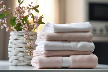 stack of light-colored towels in the bathroom
