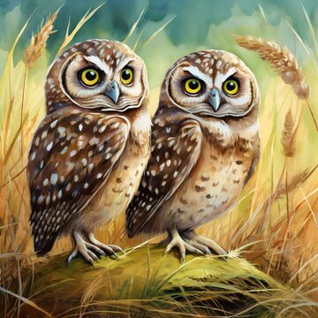 2 brown and white burrowing owls standing on a dirt mound in a wheat field.