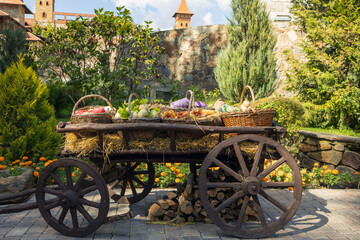 Agricultural exhibition in a retro cart of vegetables, fruits, root vegetables and herbs.