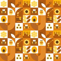 Vector seamless pattern with bees, honey, honeycombs, hive, flowers. Modern abstract Background. Vector illustration of geometric shapes. - obrazy, fototapety, plakaty