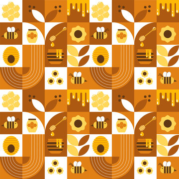 Vector seamless pattern with bees, honey, honeycombs, hive, flowers. Modern abstract Background. Vector illustration of geometric shapes.
