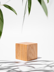 Empty wooden cube with shadows and green leaves on a white background.