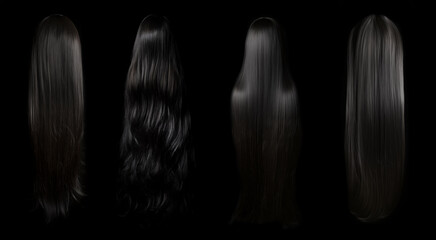 black hair set - isolated black background - Ideal for hair saloons and any other beauty, wellness, and hair treatment themes