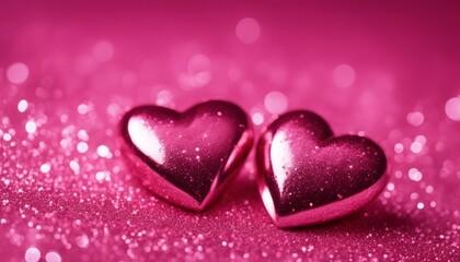 Fototapeta premium Two Hearts On Pink Glitter In Shiny Background
