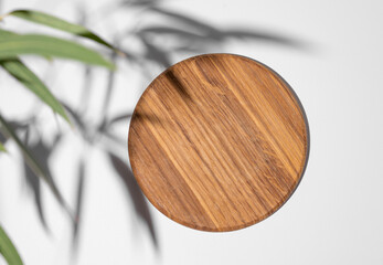 Wooden empty round board with green leaves  on a white background with shadows.