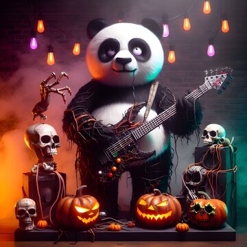 Halloween with a metal music concept, illustration of guitarist Panda Generative Ai