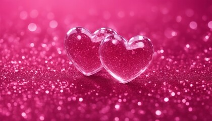 Fototapeta premium Two Hearts On Pink Glitter In Shiny Background