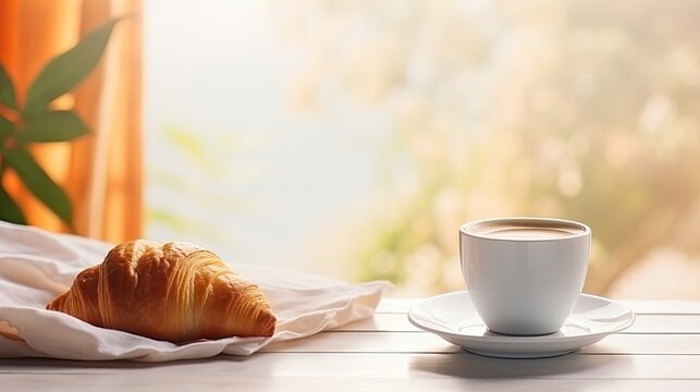 Croissant and coffee cup in the morning table. Good day. Breakfast. banner