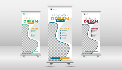We Build Your Dream House real estate roll-up banner design set, three color roll-up  banner design template