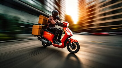 Delivery driver with courier box on back going fast in motion blur. Shopping online