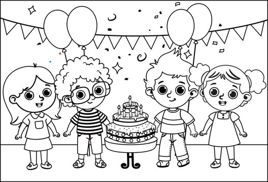 Black and White Vector Illustration Of Happy Birthday Party, Kids Party, Birthday Celebration, Birthday Party For Children