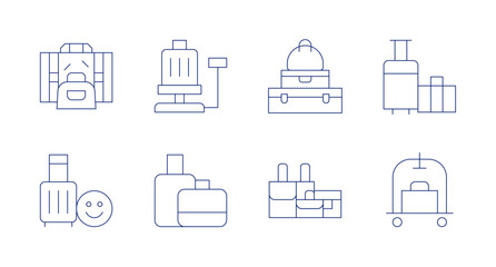 Luggage icons. Editable stroke. Containing travel, scale, suitcase, luggage, luggage cart.