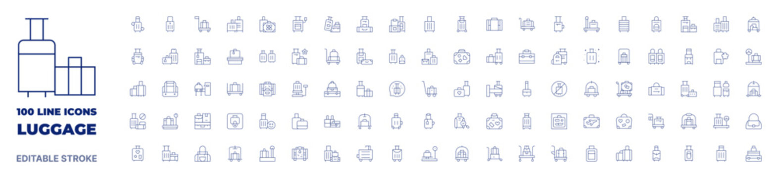 100 icons Luggage collection. Thin line icon. Editable stroke. Luggage icons for web and mobile app.