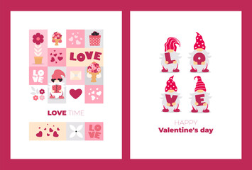 Postcard, poster with gnomes. Valentine's day design. Vector illustration.