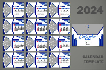 Vector Desk Calendar 2024 Abstract Blue Color Template V2