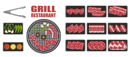 Grilled meat and crispy vegetables, top view buffet food carved design Cartoon style vector illustration restaurant menu design template food on the grill Isolated on the background, easy to edit. - obrazy, fototapety, plakaty