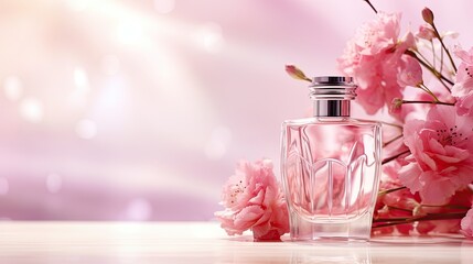 Perfume banner. Mock up perfume bottle. flowers background with copy space